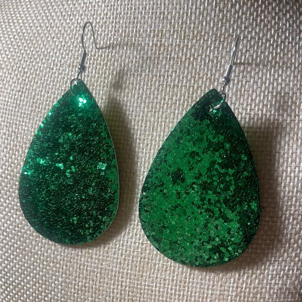 Green Glitter Teardrop Statement Earrings - image 4